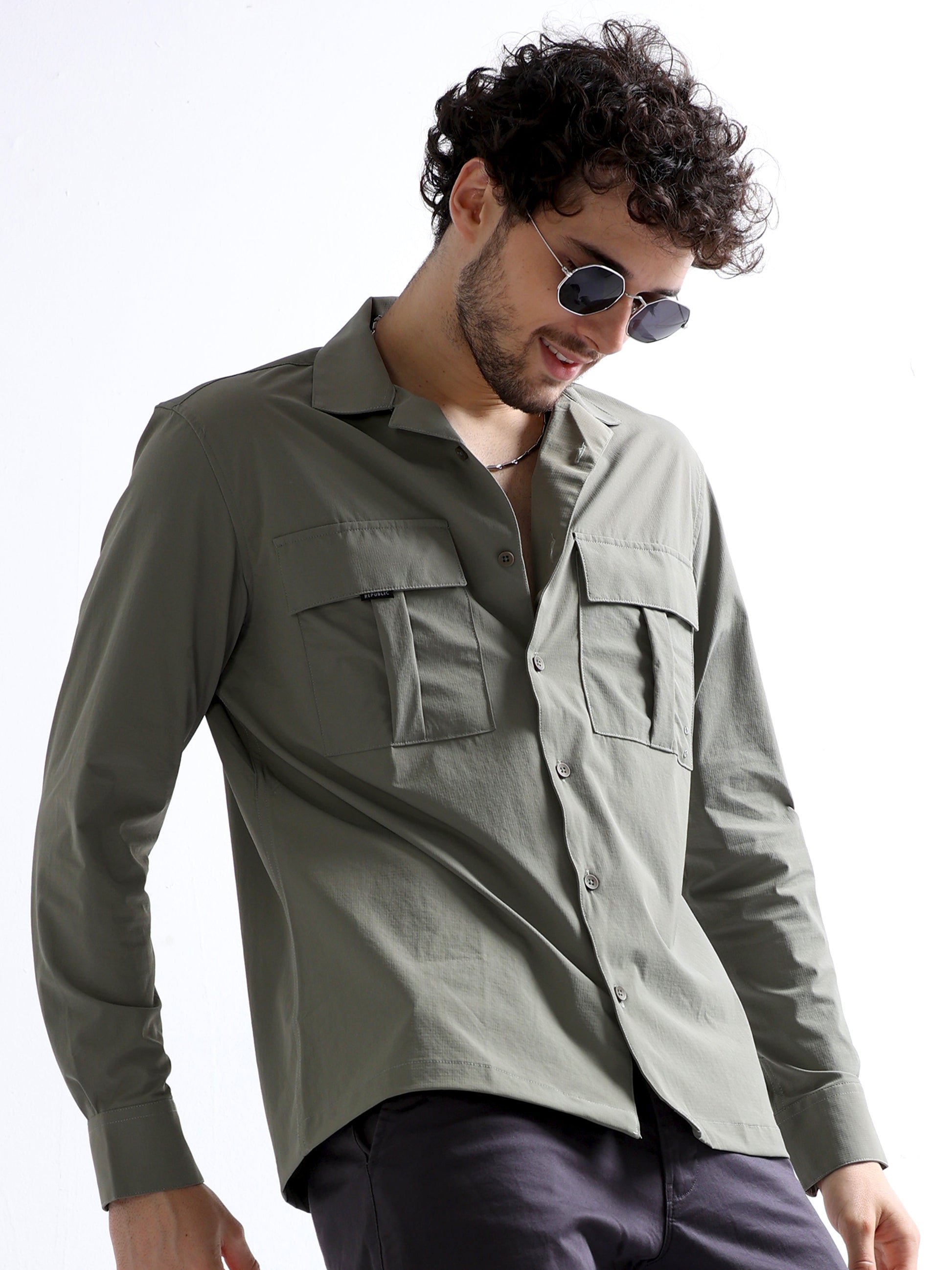 Buy Cuban Collar Cargo Double Pocket Men's Full Shirt Online