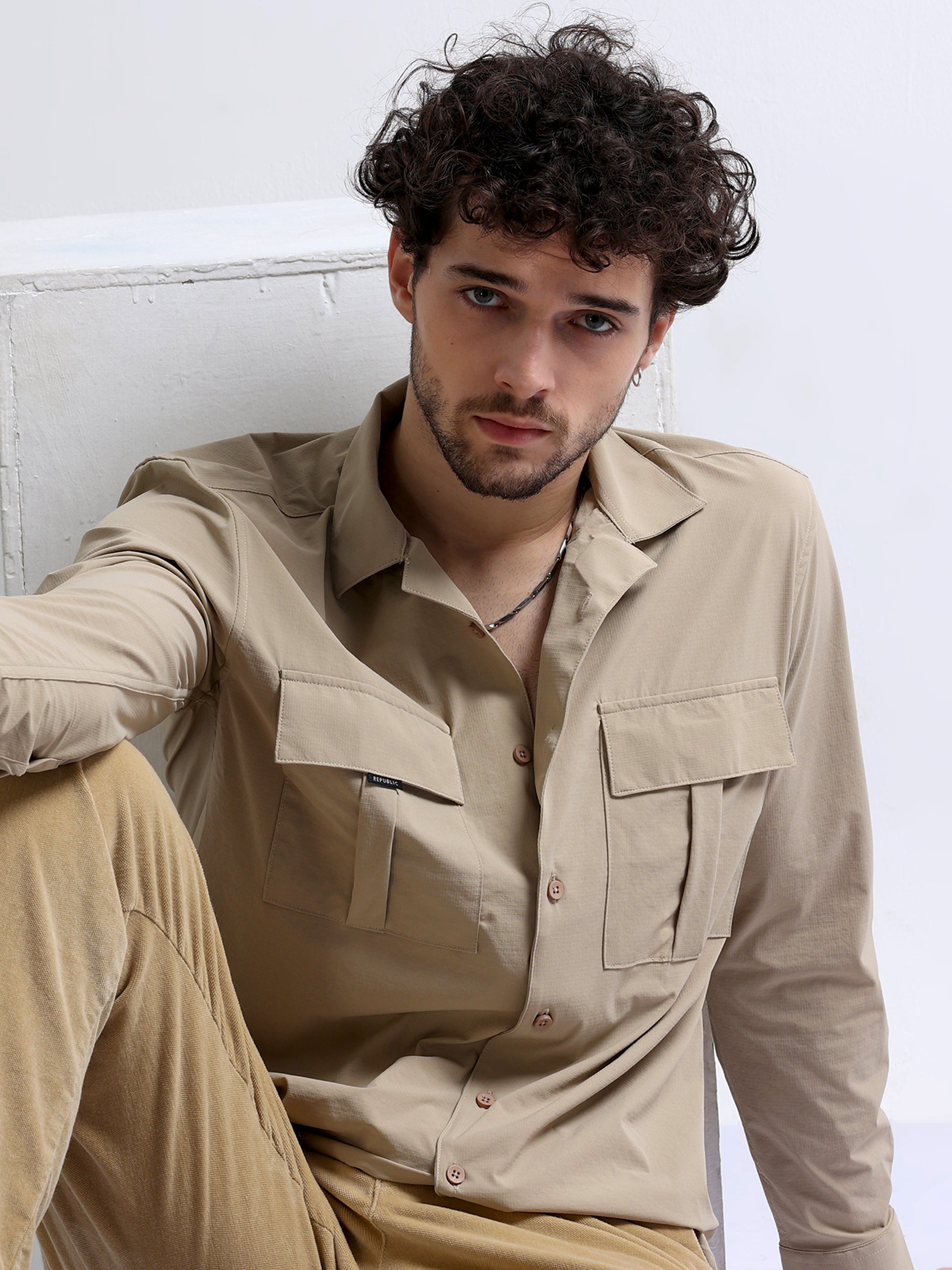 Buy Cuban Collar Cargo Double Pocket Men's Full Shirt Online