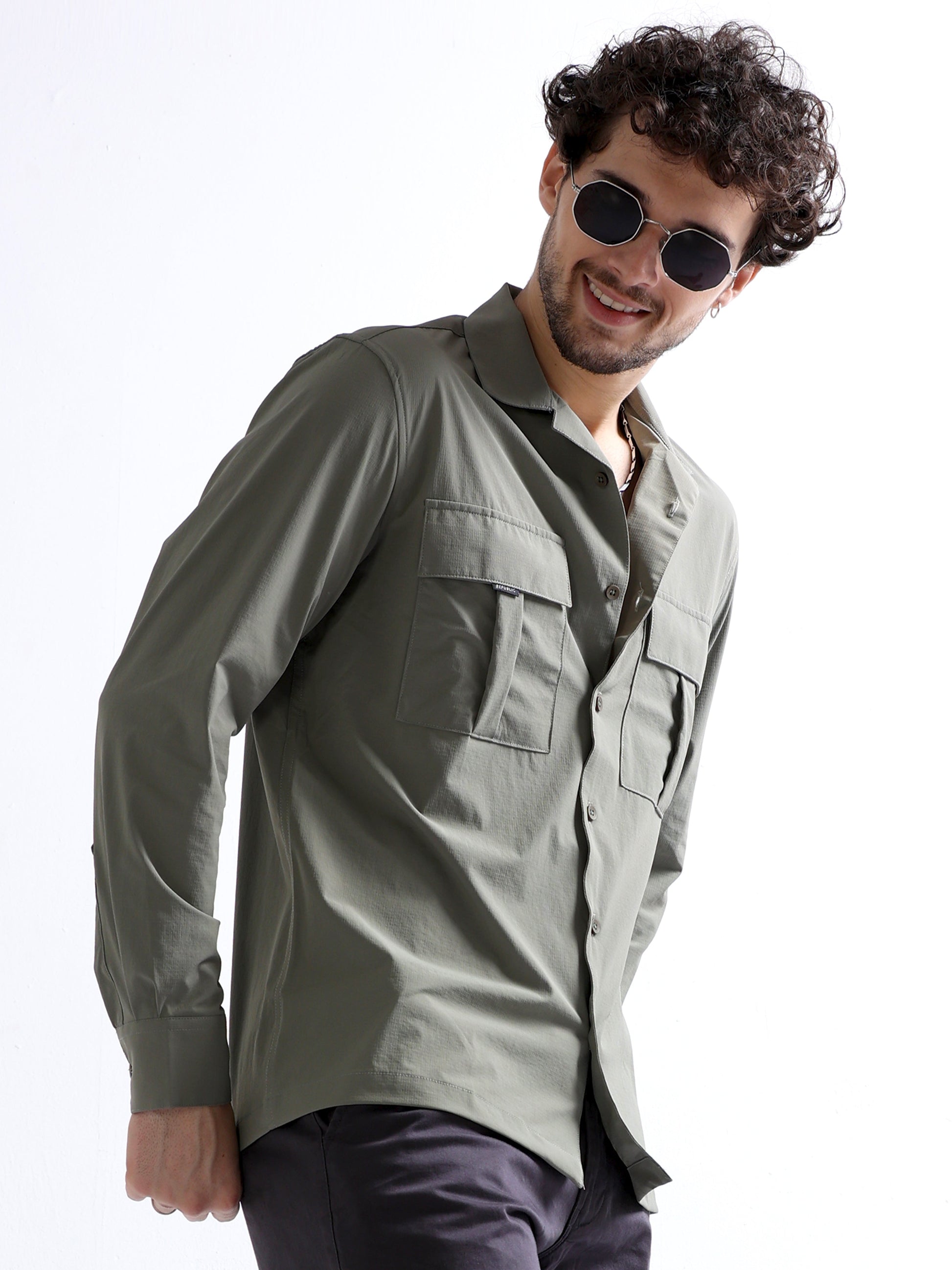 Buy Cuban Collar Cargo Double Pocket Men's Full Shirt Online