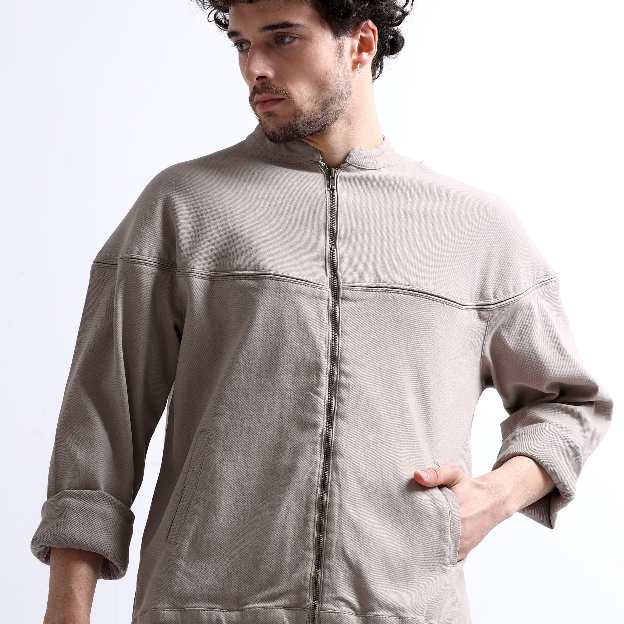 Grey Cut and Sew Pullover Men's Jacket 