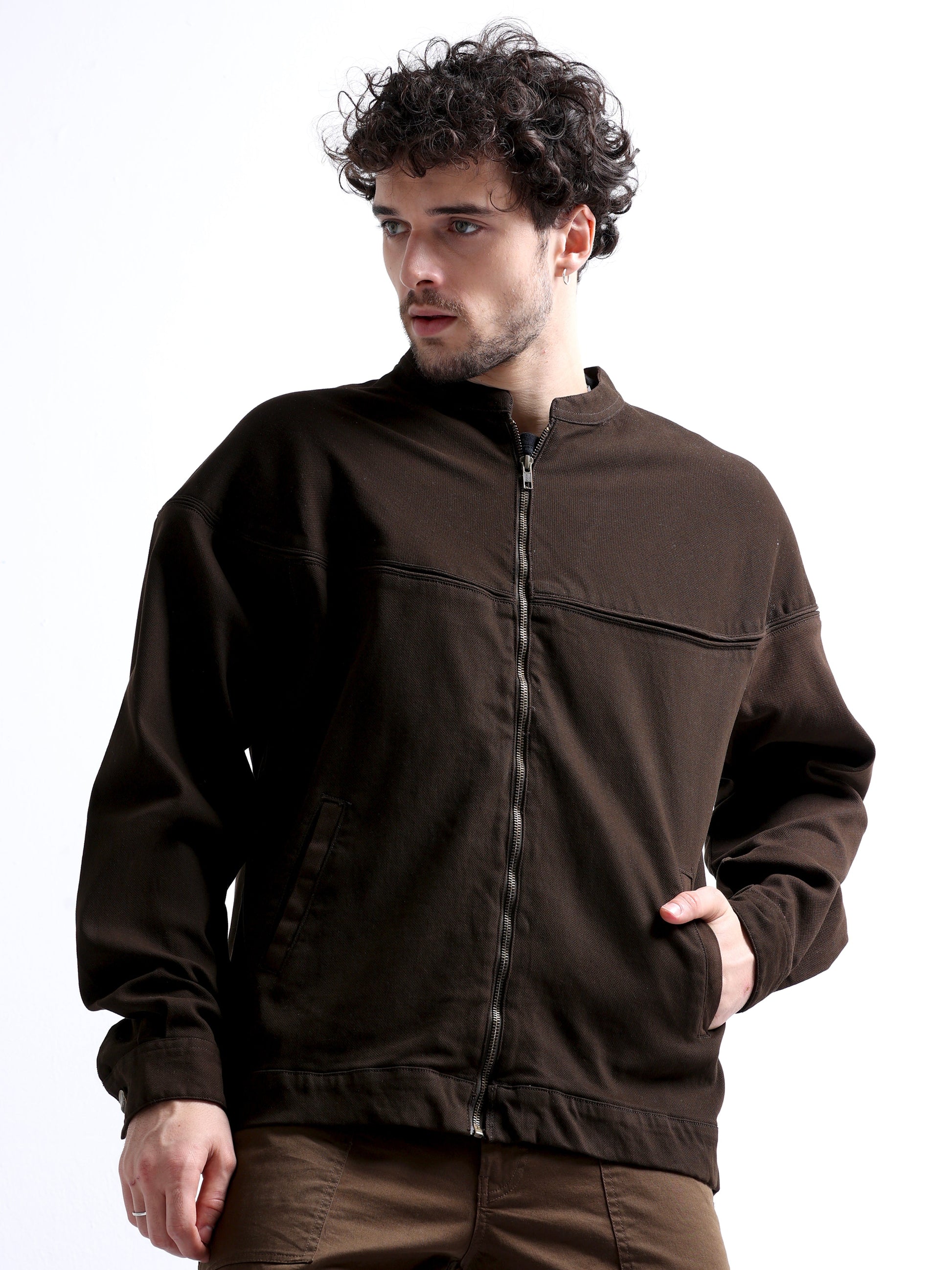Brown Cut and Sew Pullover Men's Jacket 