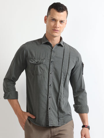  Grey Cut And Sew RFD Double Pocket Stylish Plain Shirt