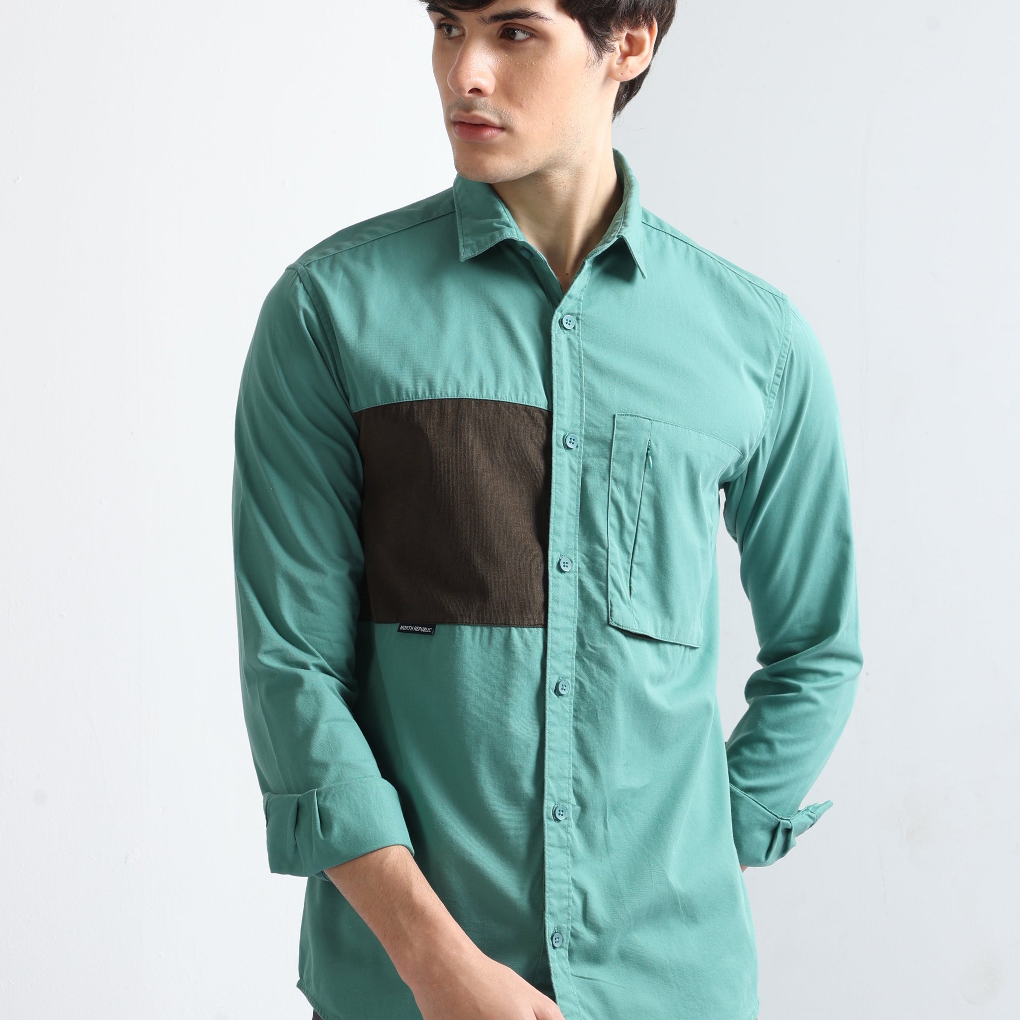 Sea Green Cut And Sew Single Pocket Smart Casual Plain Shirt