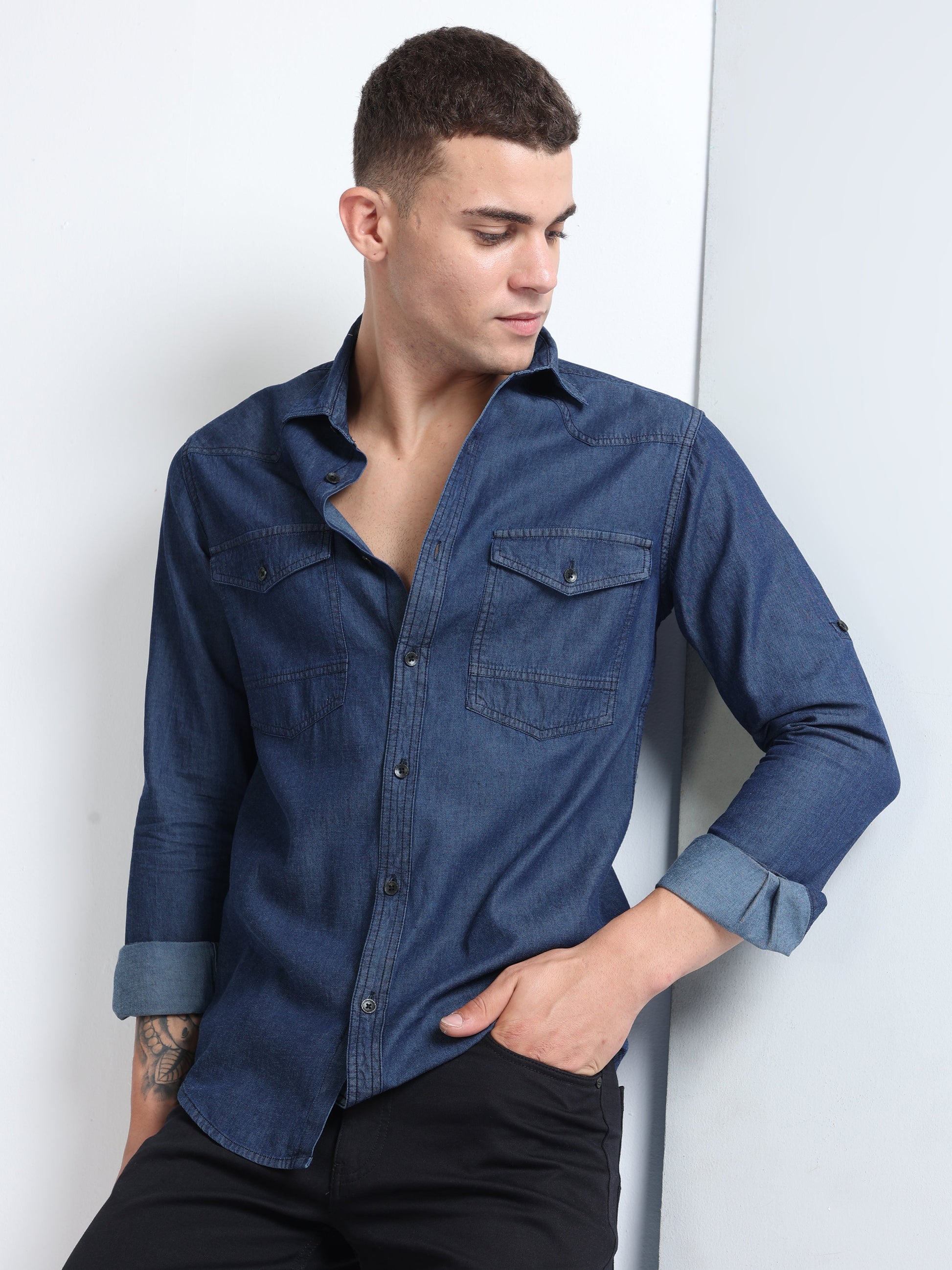 Buy Dark Blue Double Pocket Roll-Up Sleeve Stylish Mens Shirt Online.