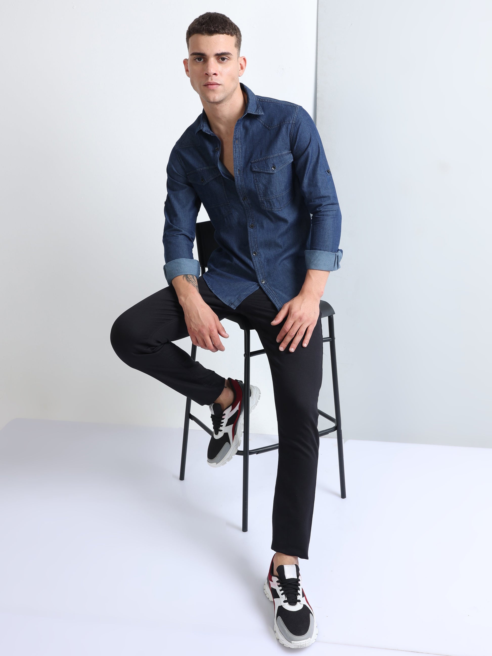 Buy Dark Blue Double Pocket Roll-Up Sleeve Stylish Mens Shirt Online.