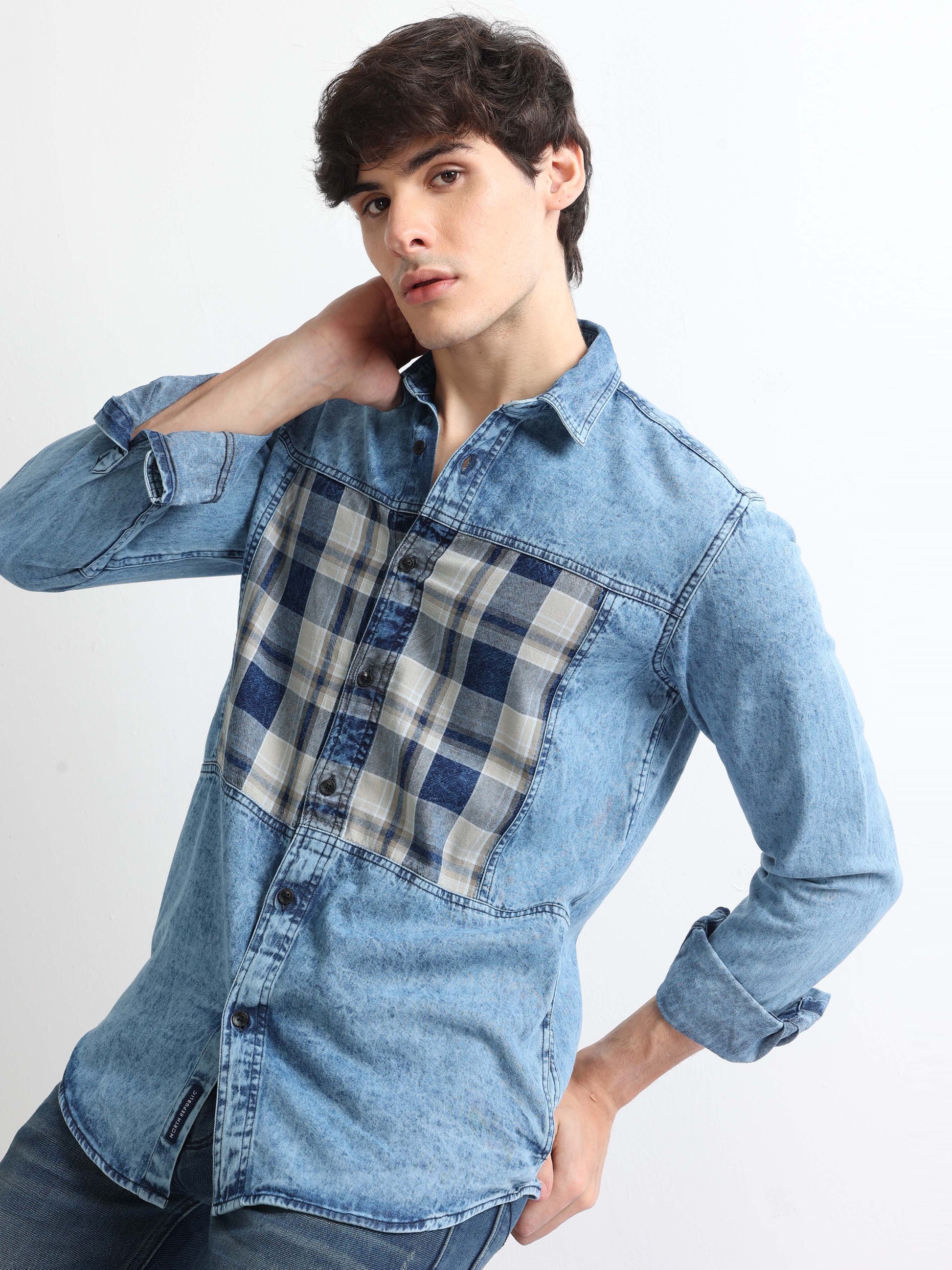 Buy Denim Blue Cut And Sew Indigo Check Stylish Mens Shirt Online.