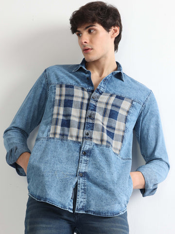 Buy Denim Blue Cut And Sew Indigo Check Stylish Mens Shirt Online.