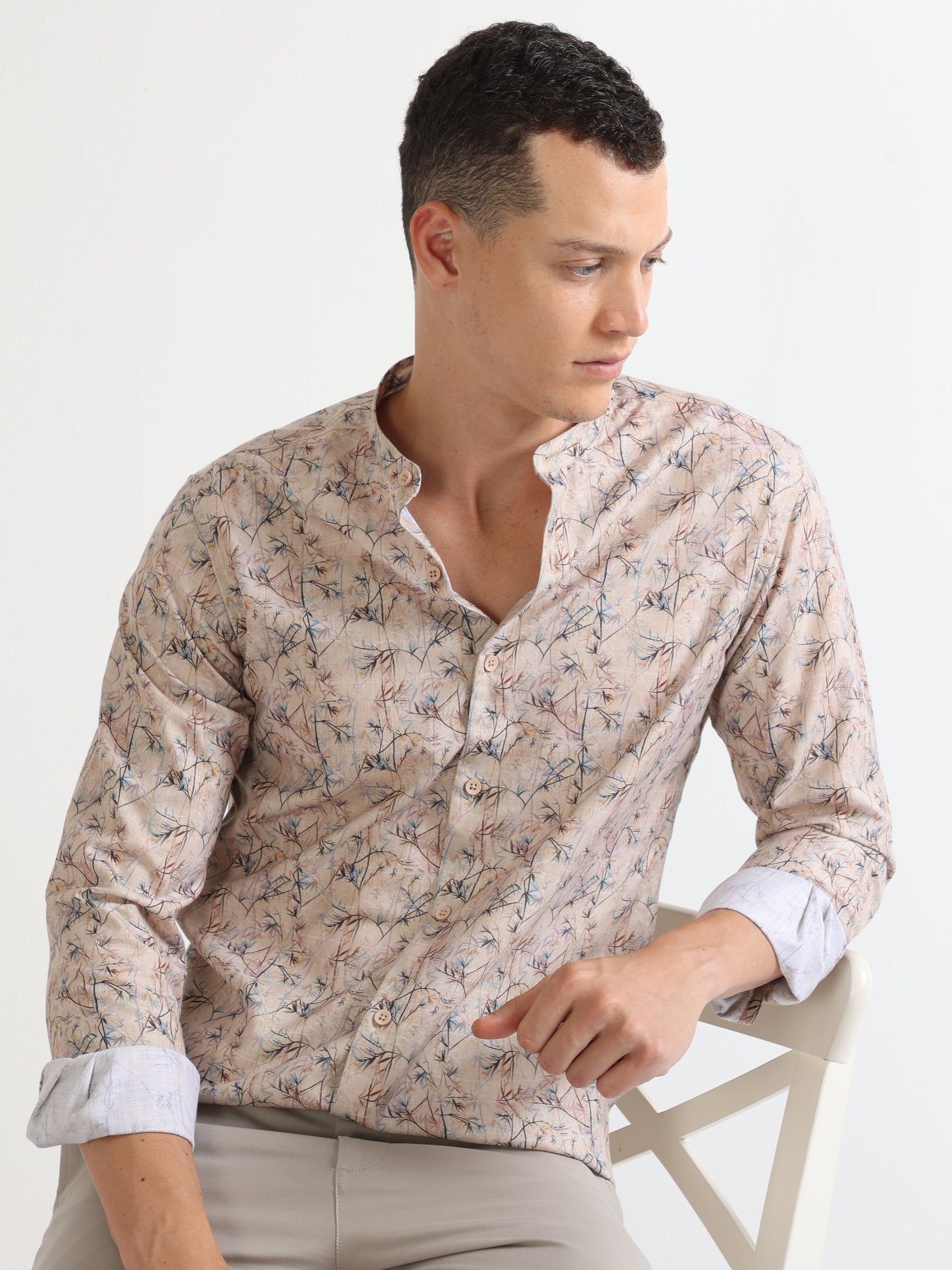 Buy chinese collar beige men's digital printed shirt-North Republic Buy chinese collar beige men's digital printed shirt-North Republic