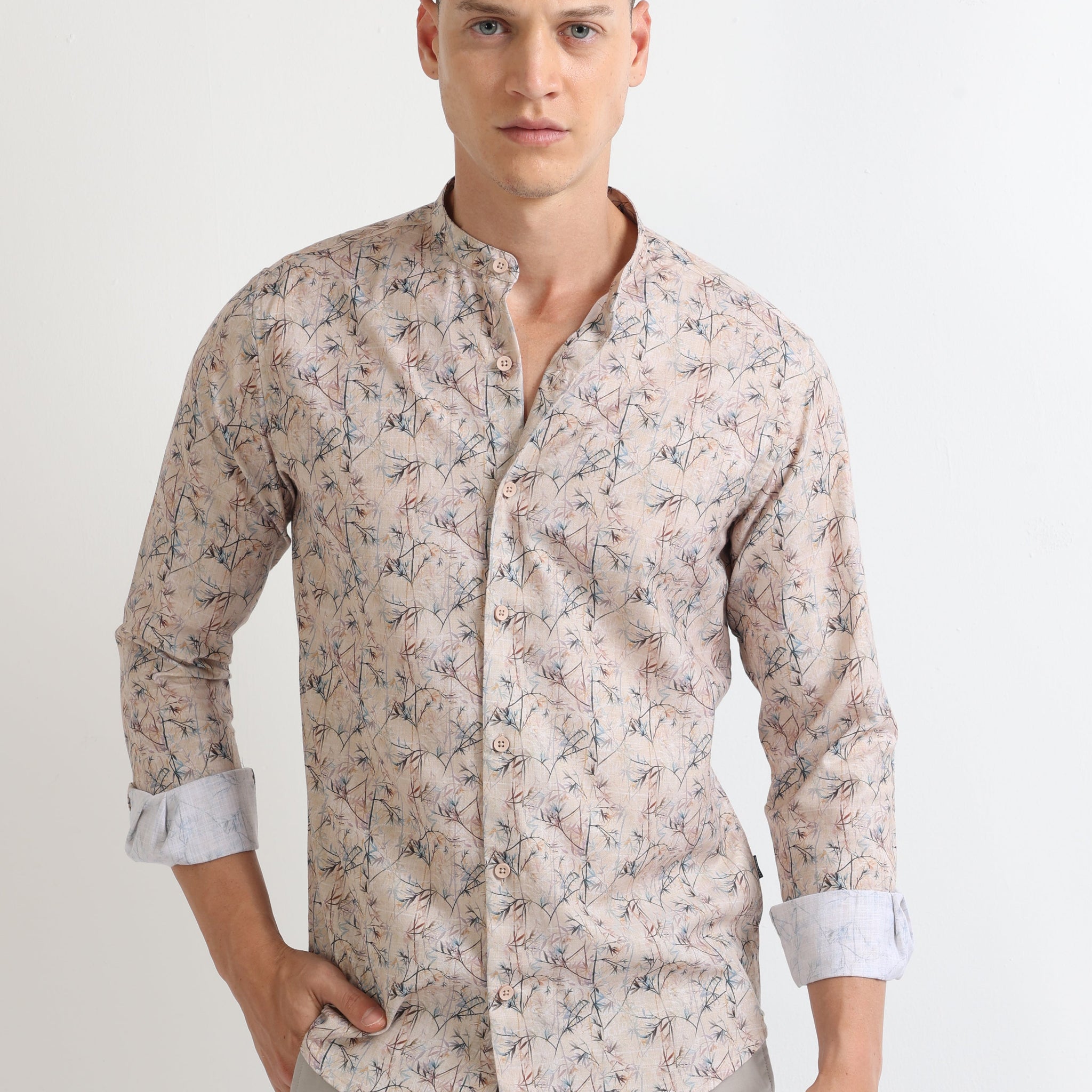 chinese collar beige men's digital printed shirt