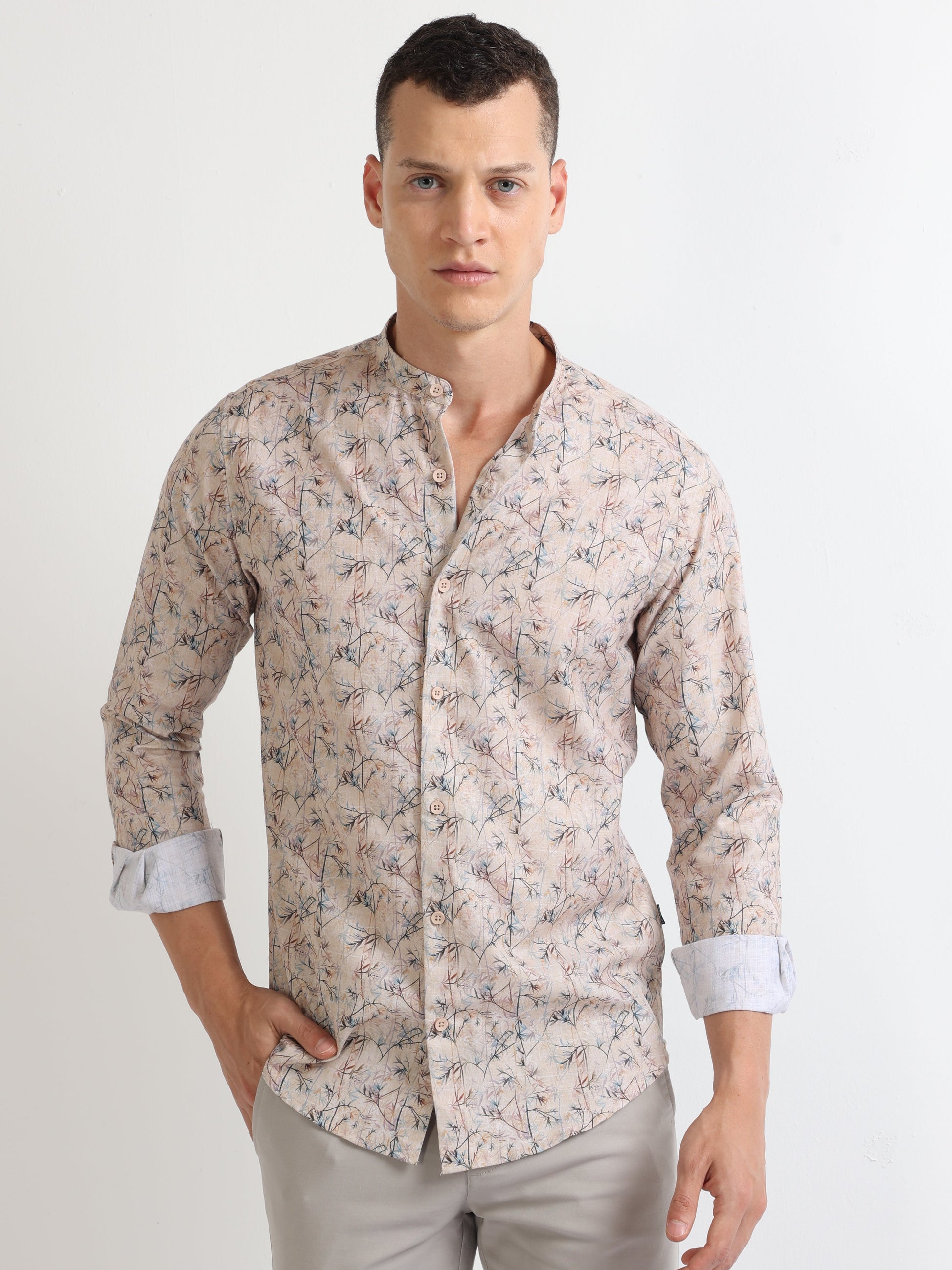 Buy chinese collar beige men's digital printed shirt-North Republic