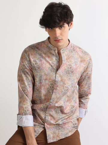 peach chinese collar men's digital printed shirt