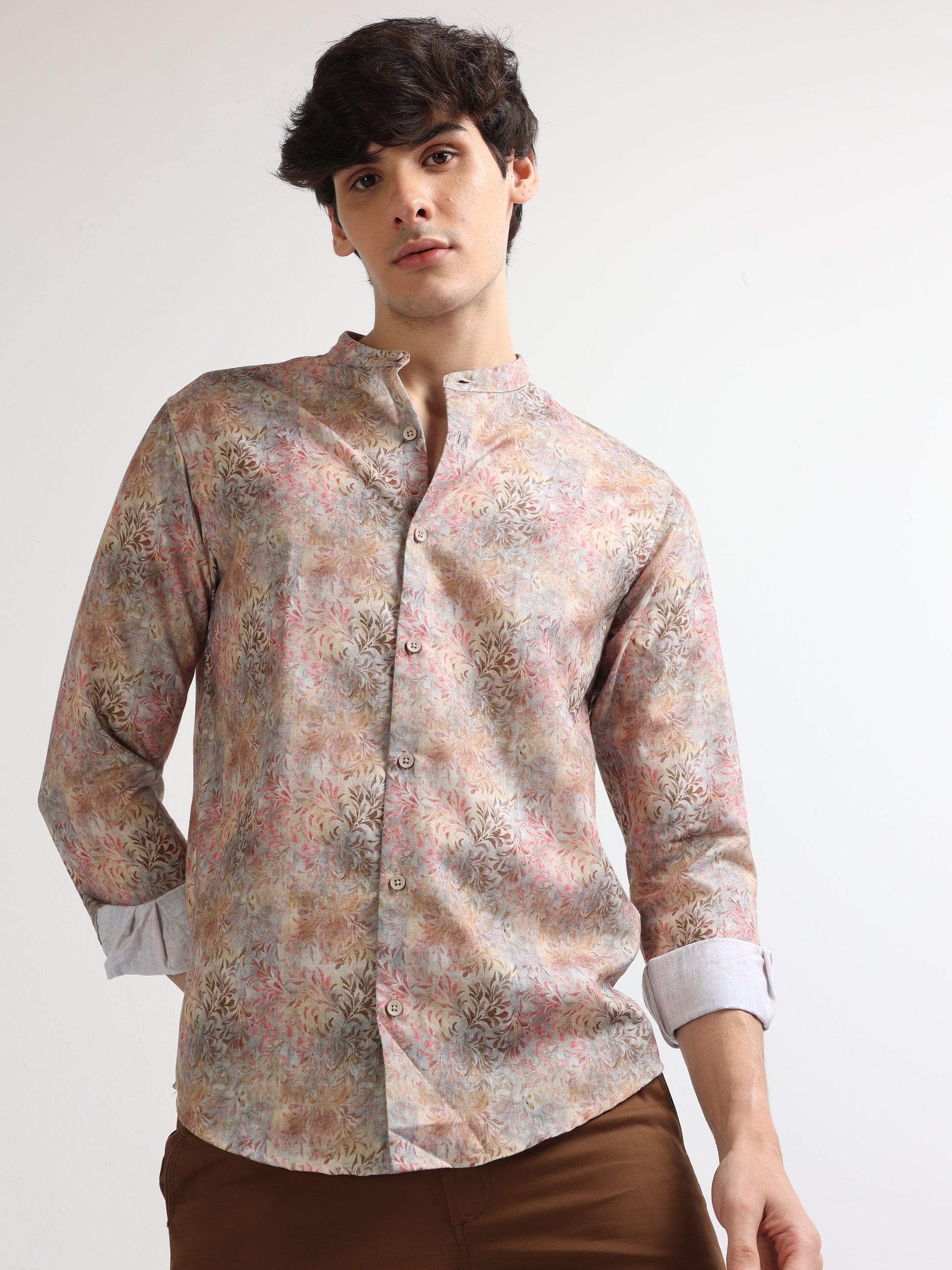 peach chinese collar men's digital printed shirt