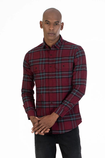 maroon double flap pocket men's checked shirt