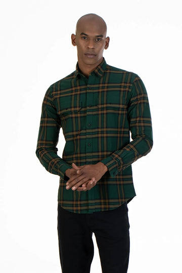 green double flap pocket oxford men's checked shirt