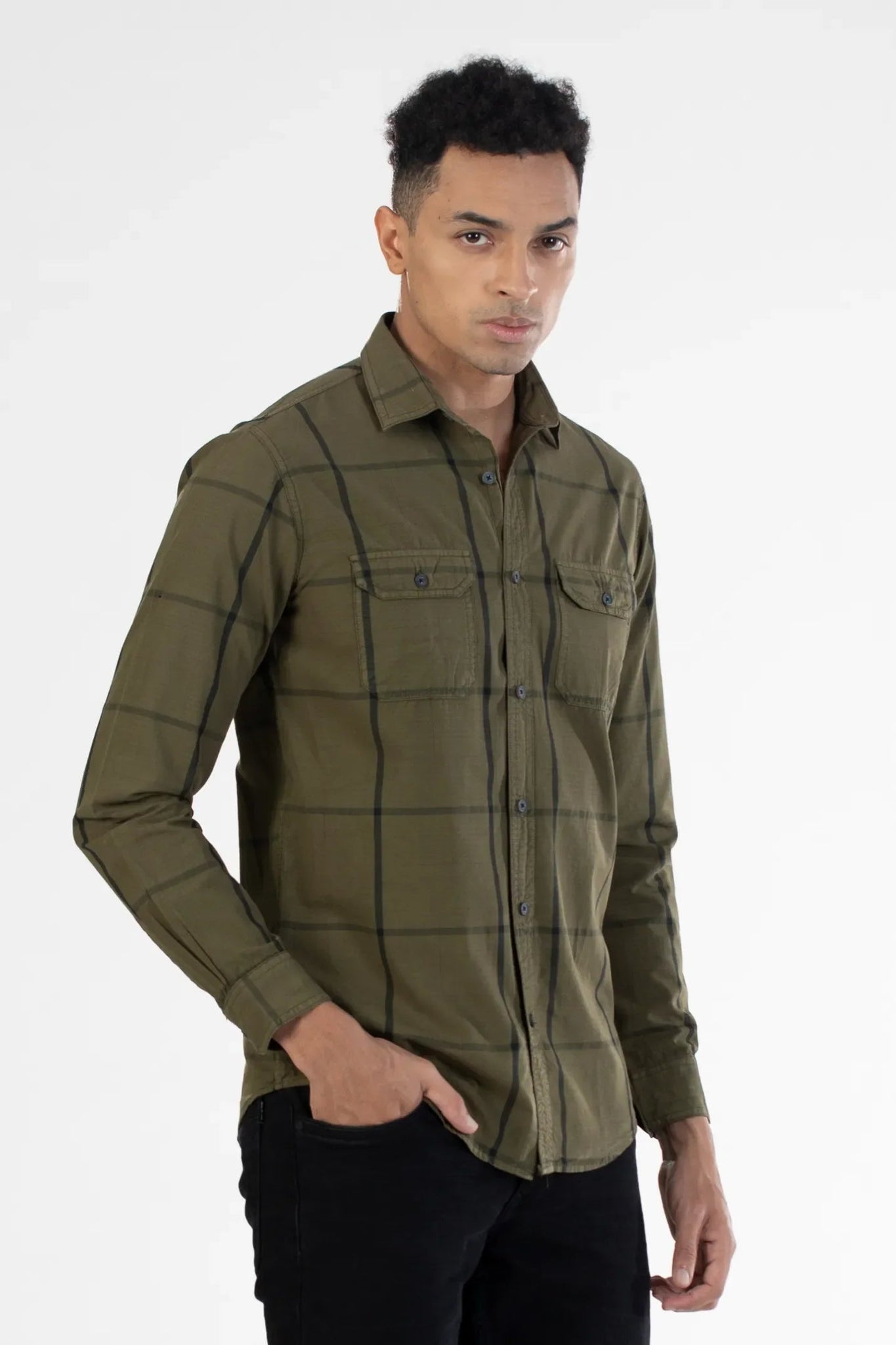 Double Pocket Broad Cotton Men's Checked Shirt