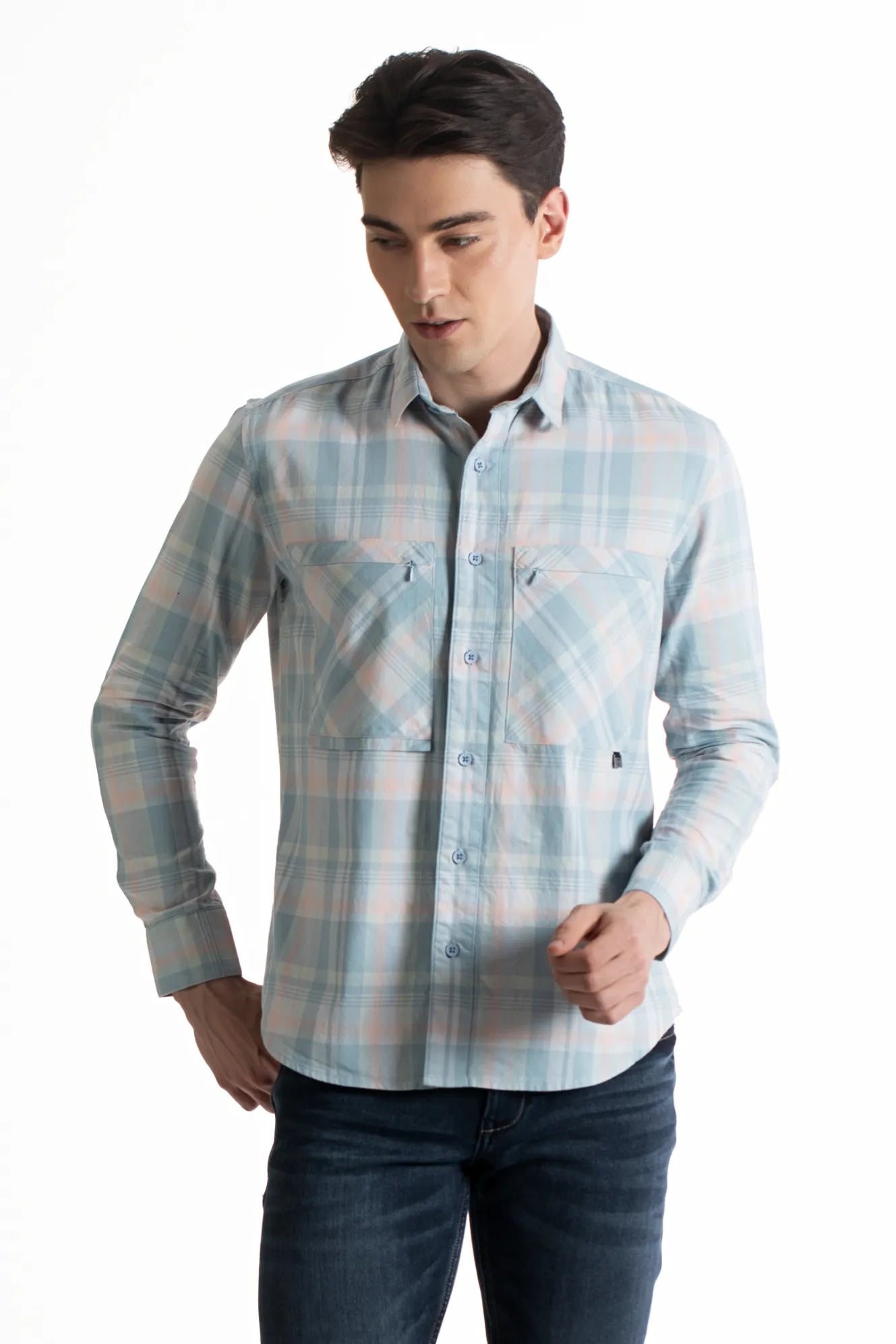 Buy Double Pocket Brushed Twill Checks Shirt Online