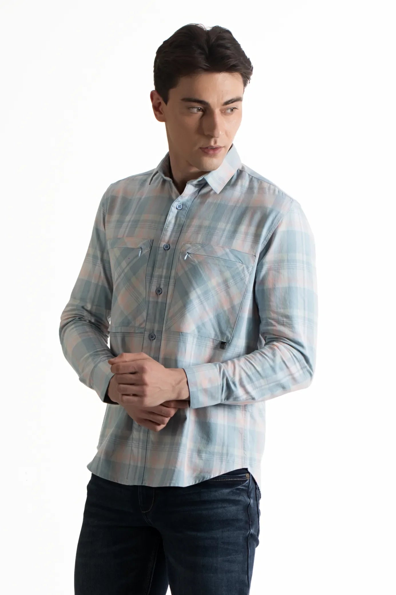 Buy Double Pocket Brushed Twill Checks Shirt Online