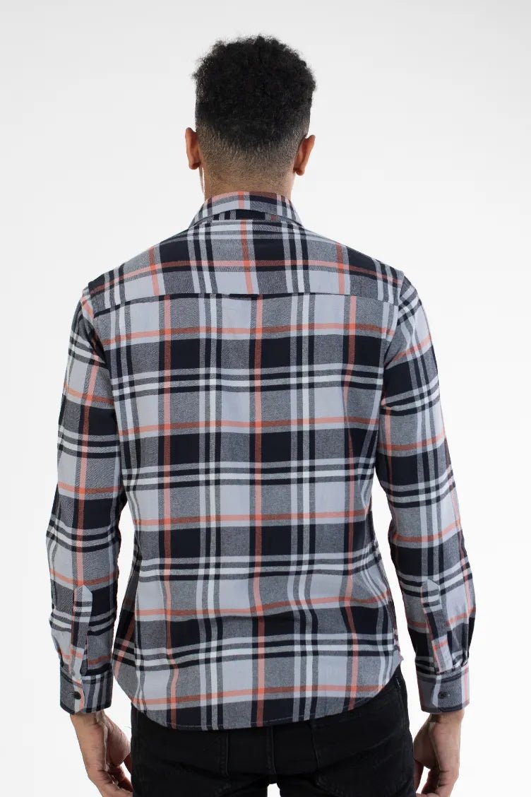  black twill double pocket brushed men's checked shirt