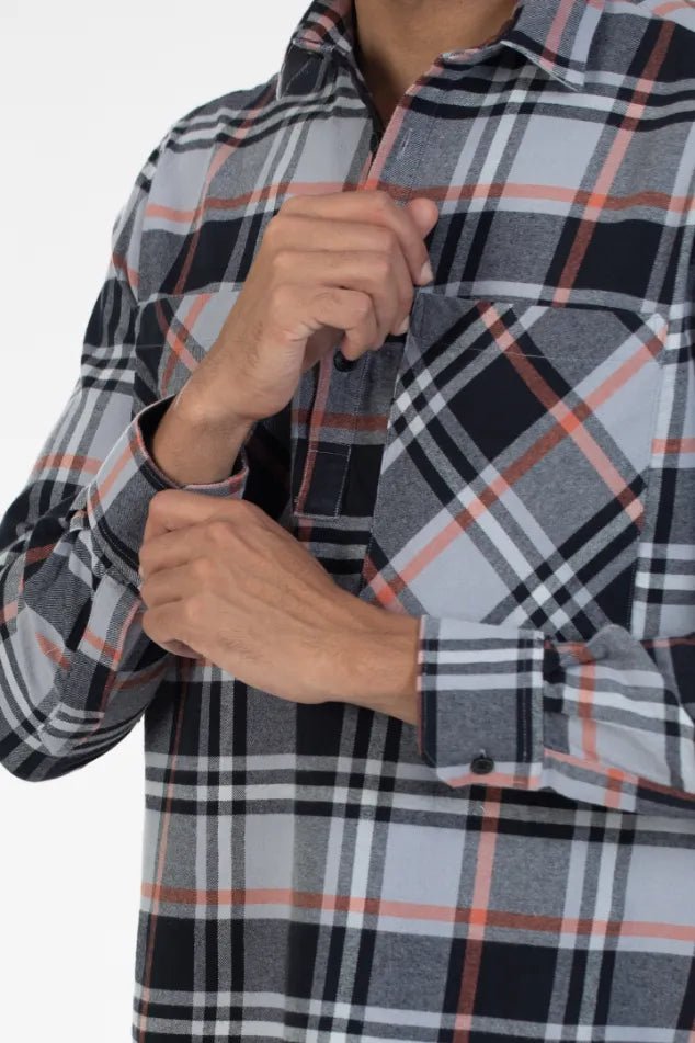  black twill double pocket brushed men's checked shirt