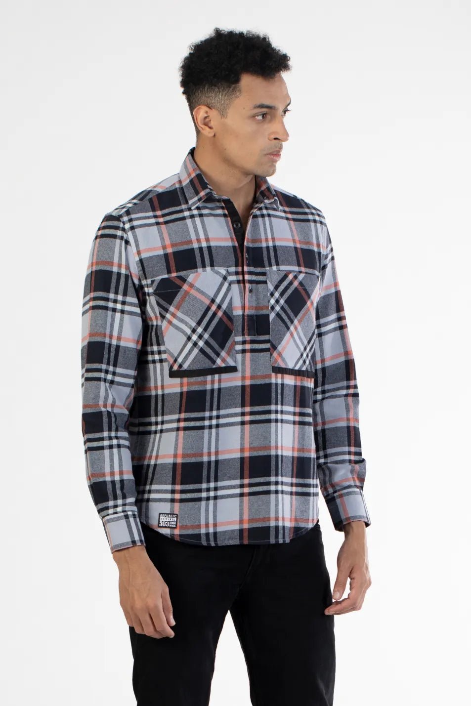  black twill double pocket brushed men's checked shirt