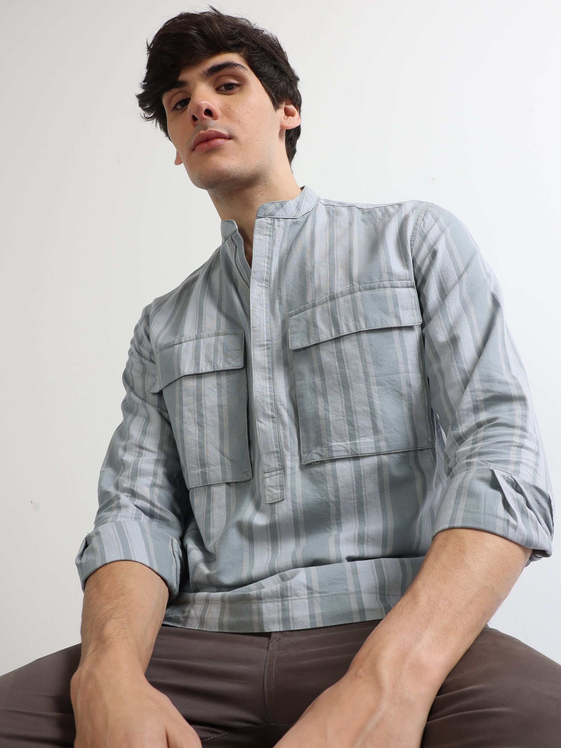 gray kurta style zipper double pocket men's striped shirt