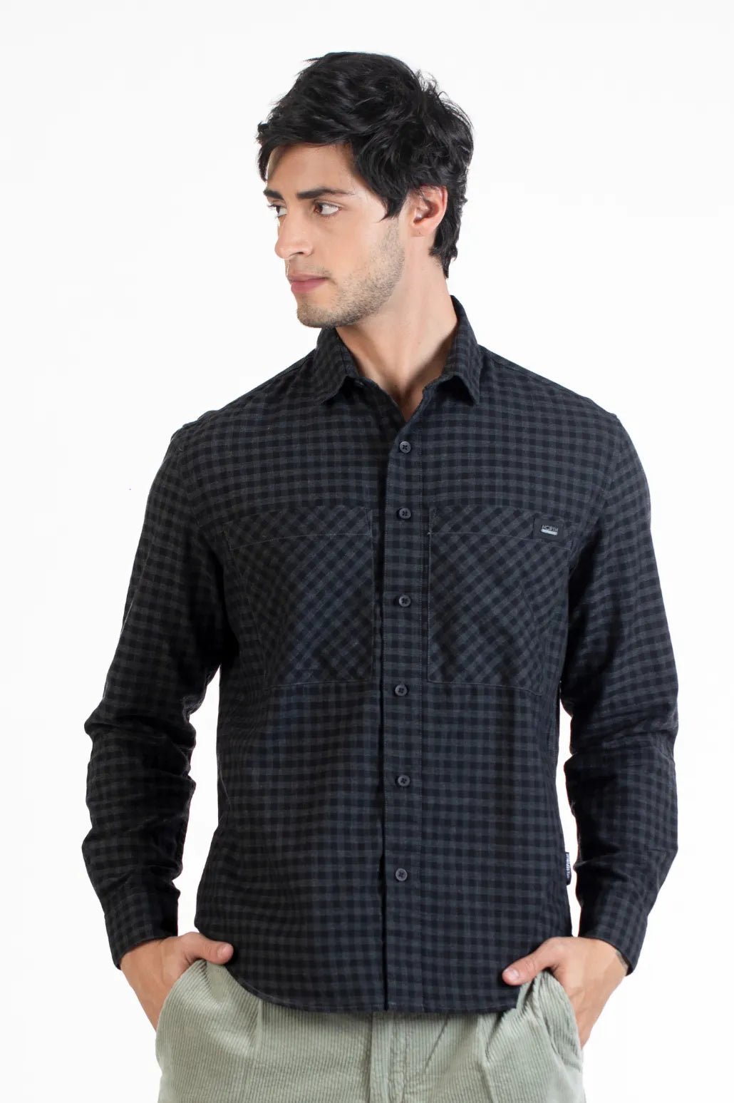 Grey Double Pocket Micro Checked Shirt