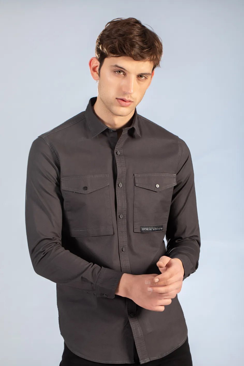  Dark Grey Men's Double Pocket Oxford-Lycra Plain Shirt