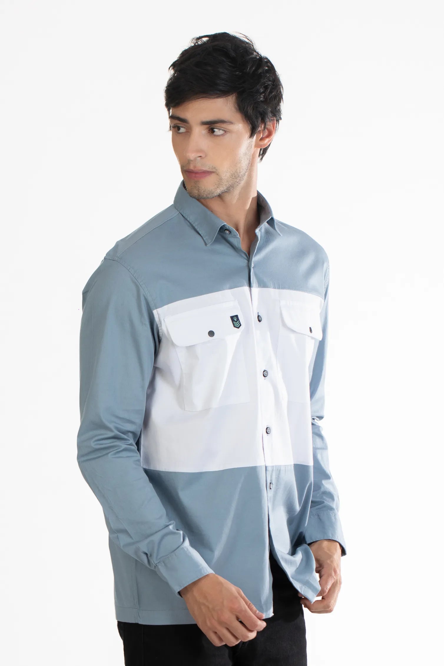  Blue & Sea Blue Double Pocket Panel Twill Men's Plain Shirt