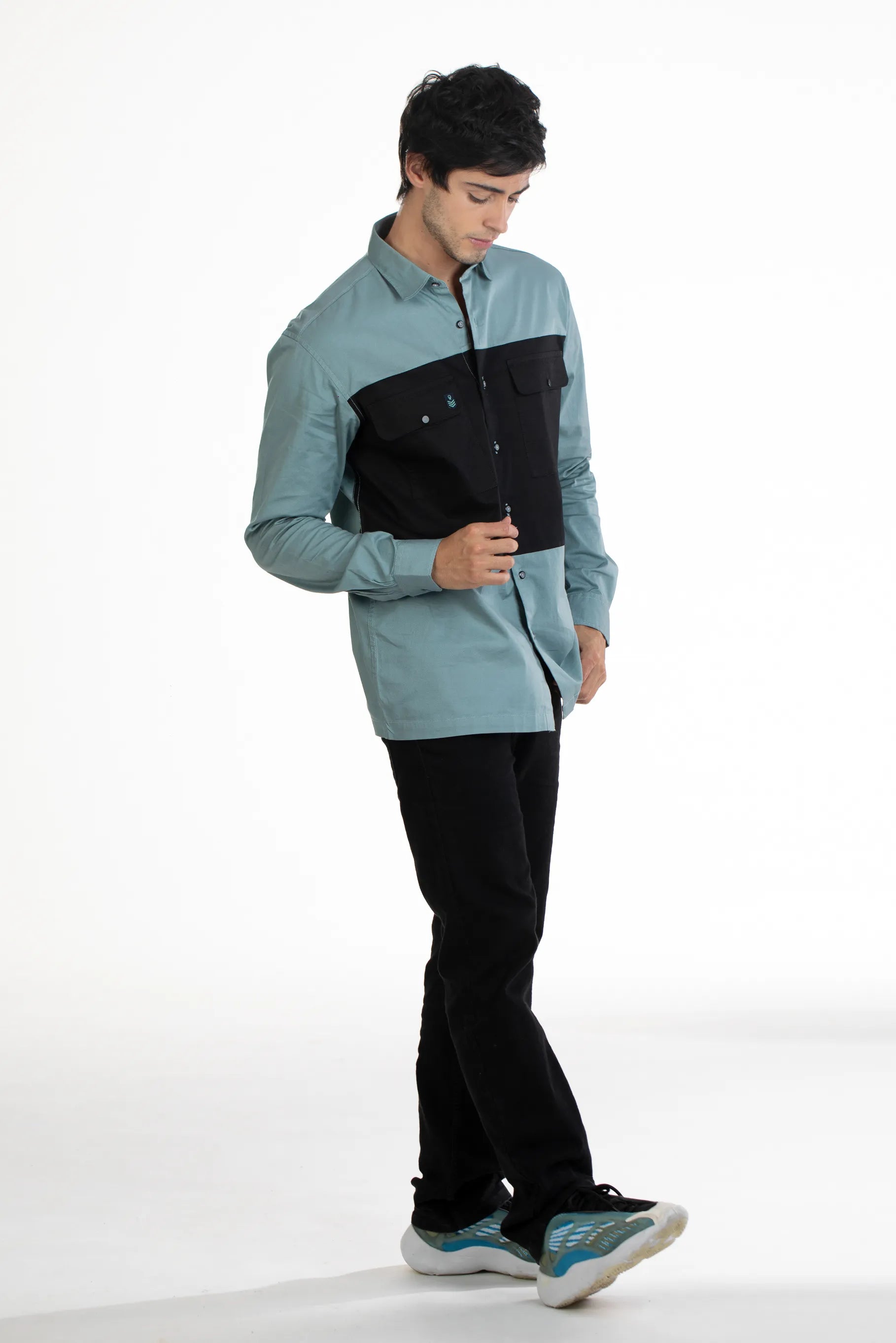  Blue & Sea Blue Double Pocket Panel Twill Men's Plain Shirt