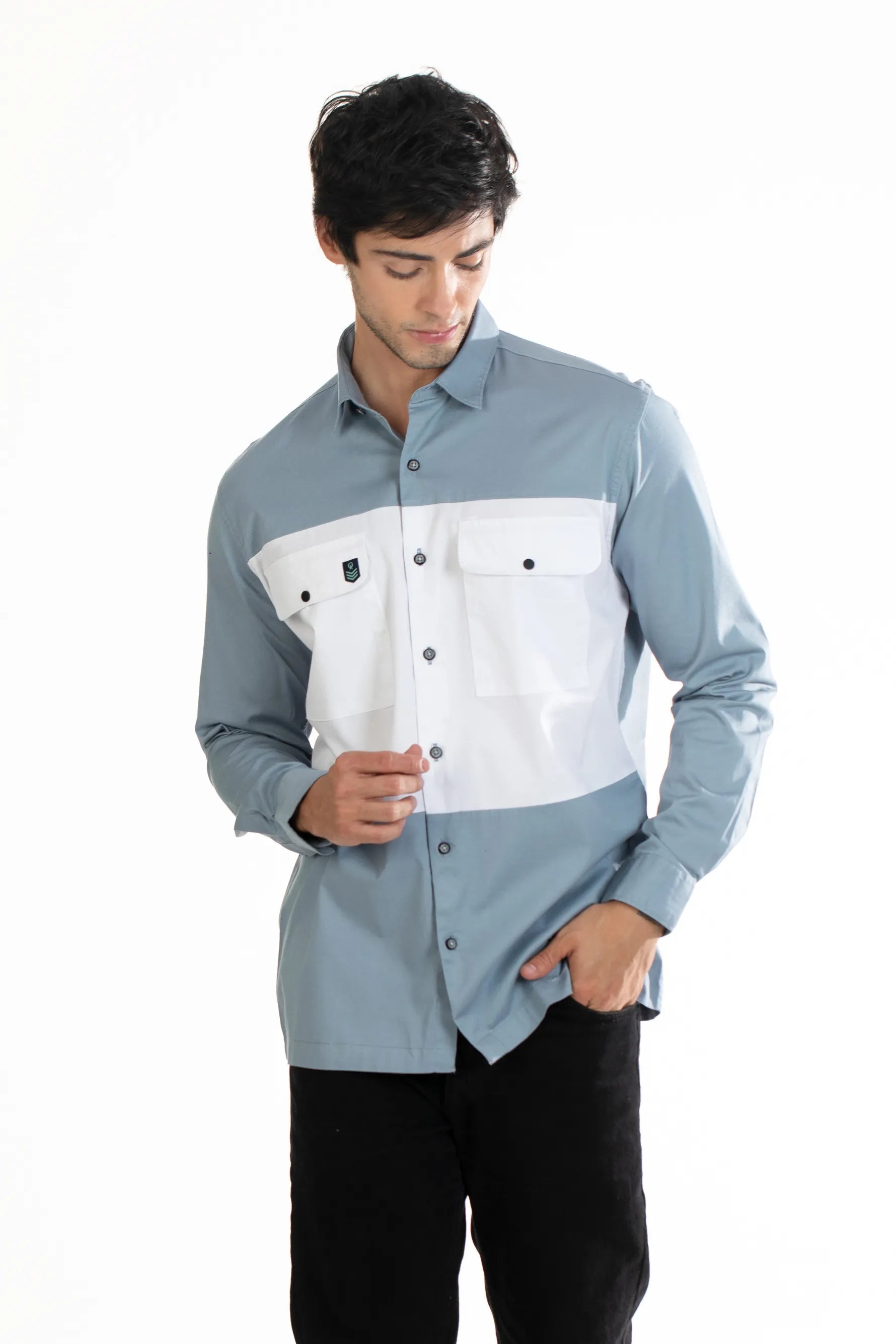  Blue & Sea Blue Double Pocket Panel Twill Men's Plain Shirt