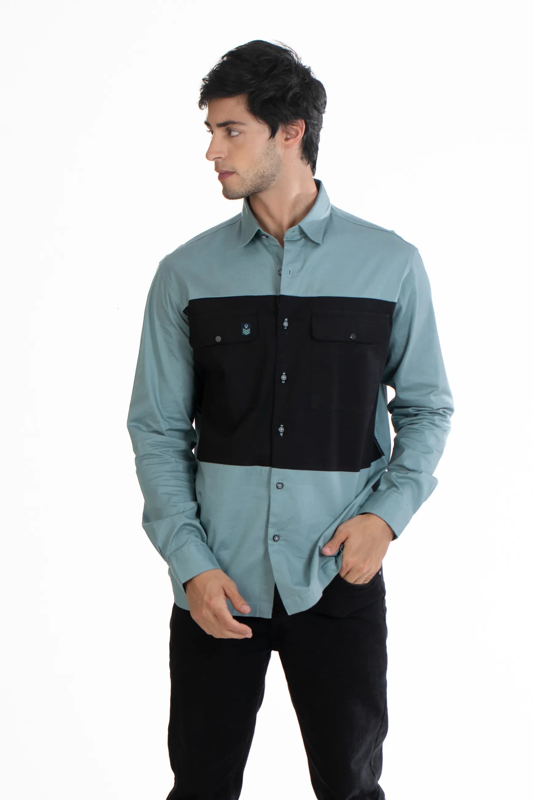  Blue & Sea Blue Double Pocket Panel Twill Men's Plain Shirt