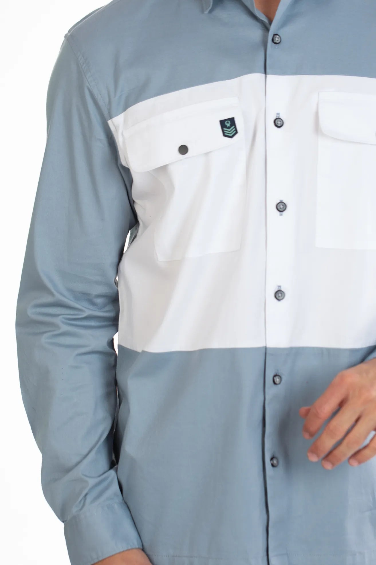  Blue & Sea Blue Double Pocket Panel Twill Men's Plain Shirt