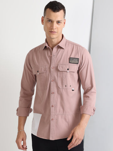 Pink Men's Double Pocket Twill Stylish Plain Shirt