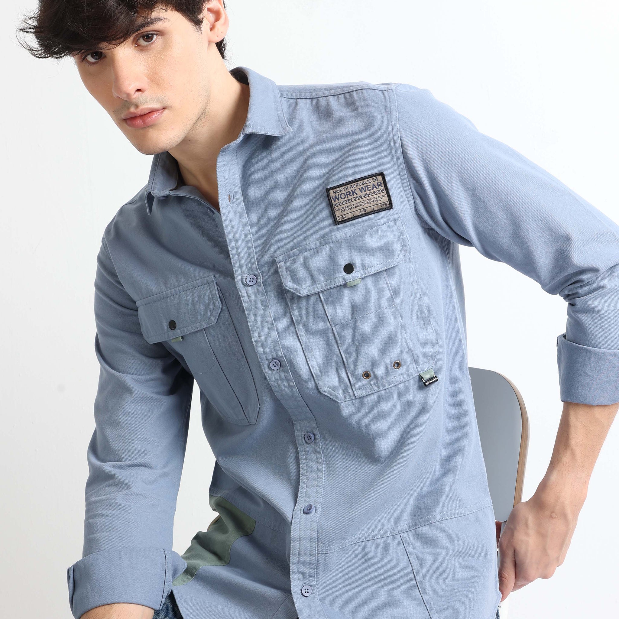 Blue Double Pocket Twill Workwear Men's Plain Shirt.