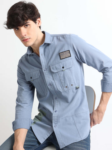 Blue Double Pocket Twill Workwear Men's Plain Shirt.