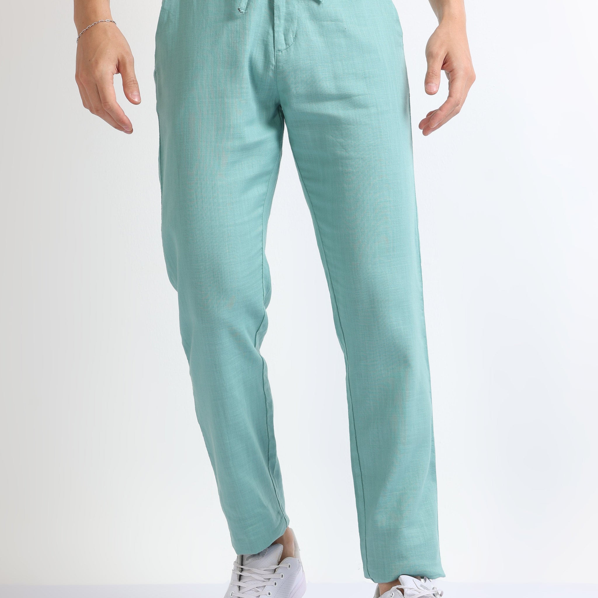 Green Men's Drawcod Linen Fashion Pant