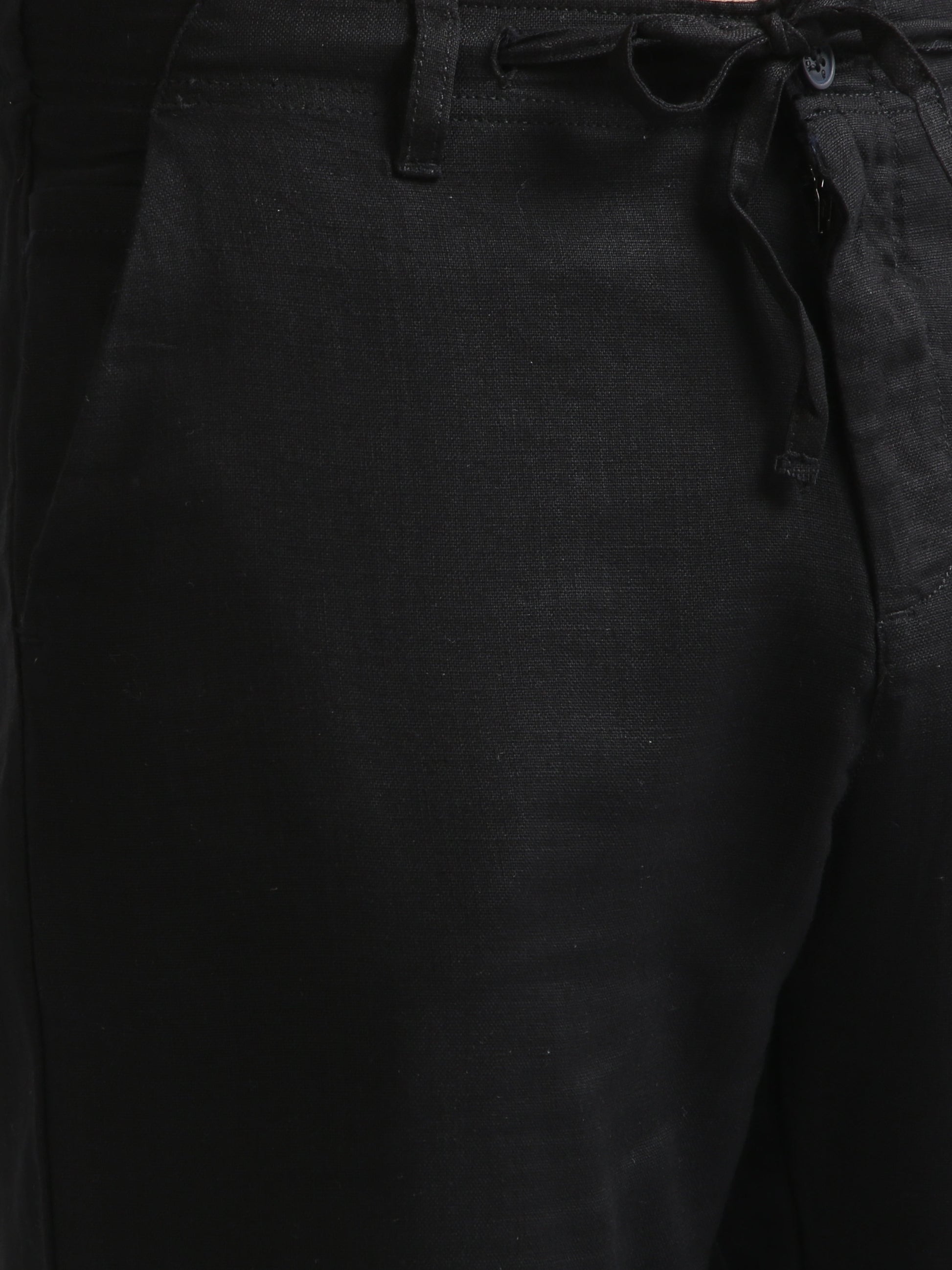 Black Drawcod Linen Fashion Pant