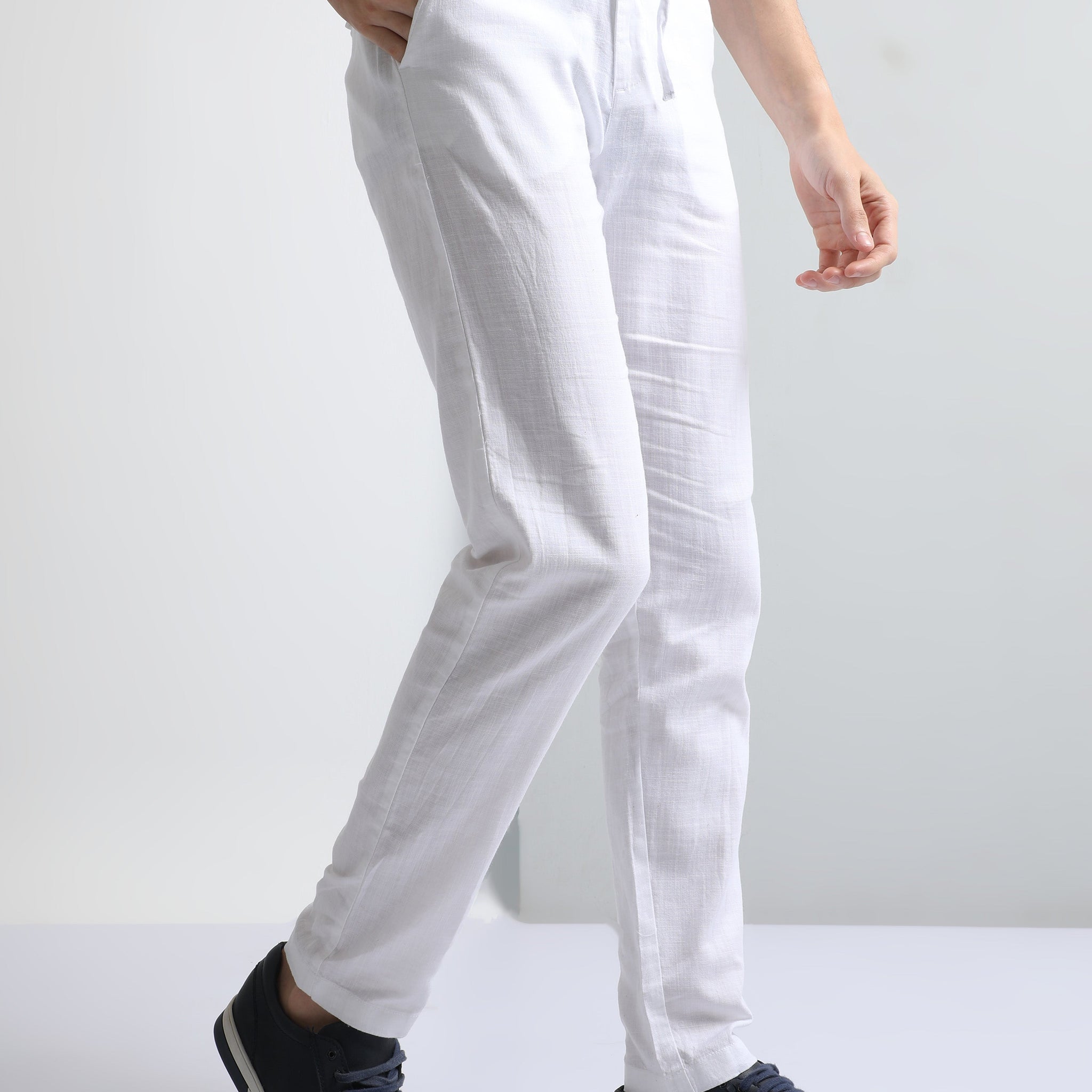 White Men's Drawcod Linen Fashion Pant