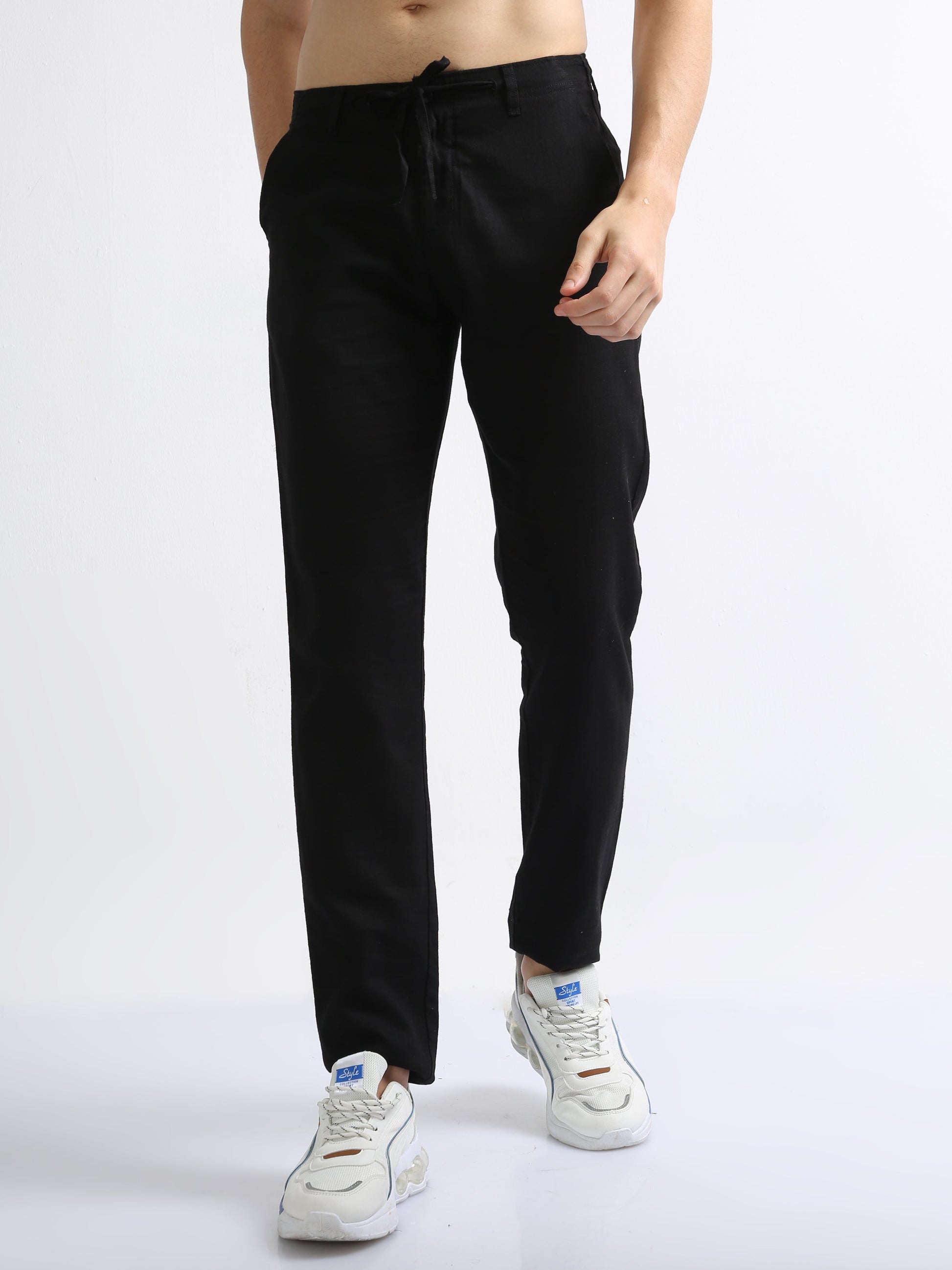 Black Drawcod Linen Fashion Pant