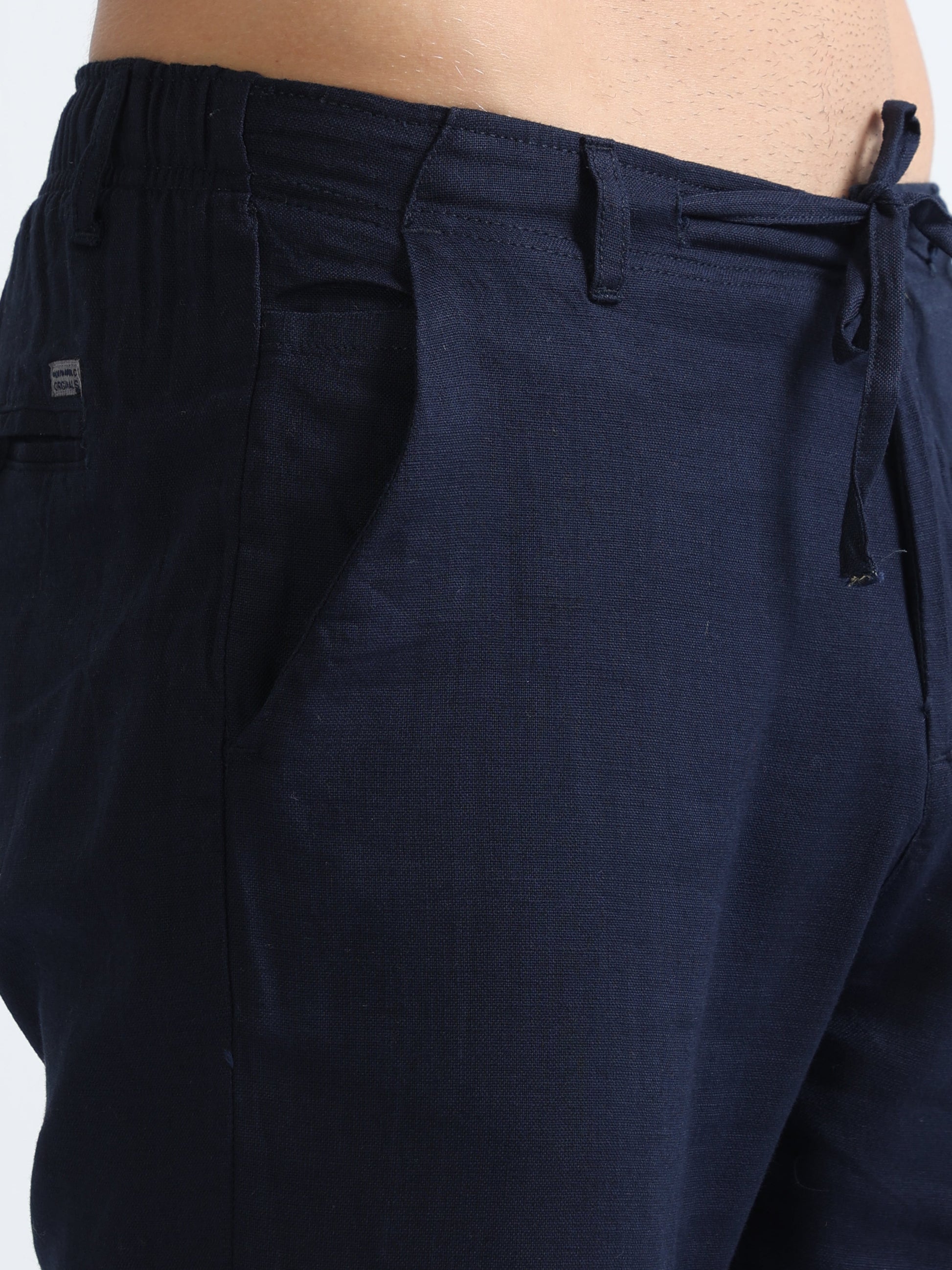 Navy Men's Drawcod Linen Fashion Pant