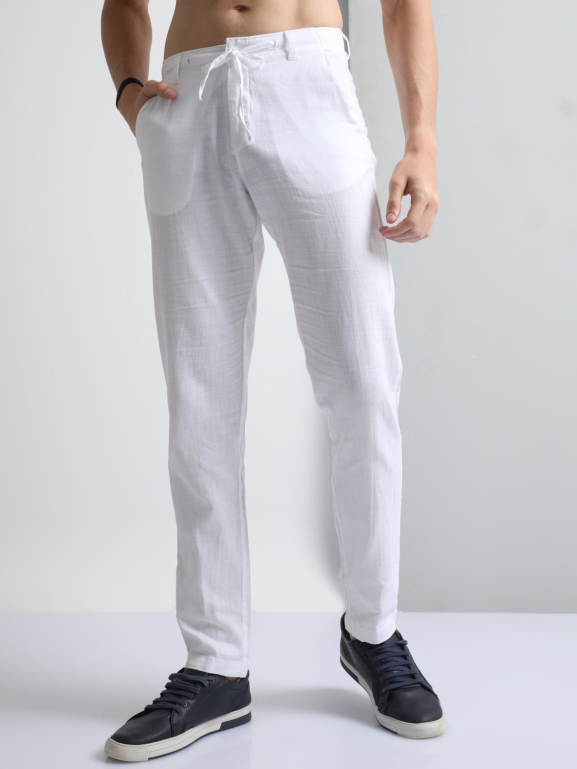 White Men's Drawcod Linen Fashion Pant