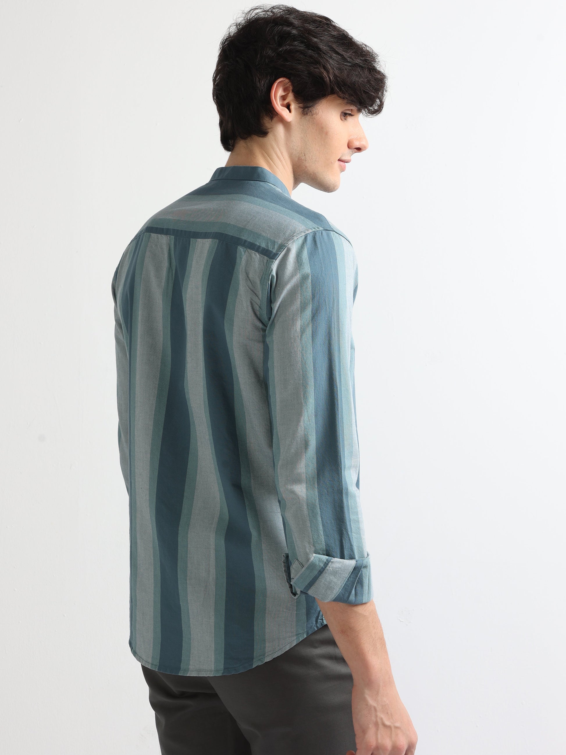 Buy Dusky Color Chinese Collar Striped Shirt Online.
