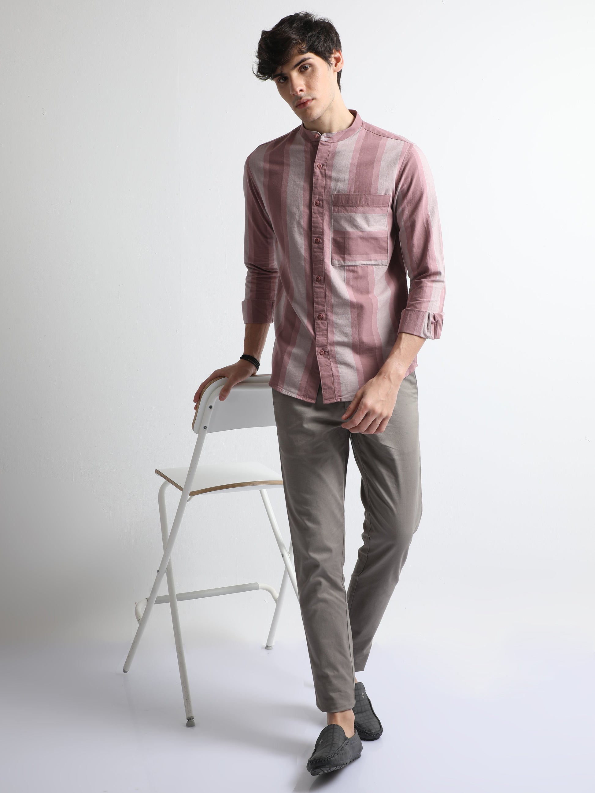 Buy Dusky Color Chinese Collar Striped Shirt Online.