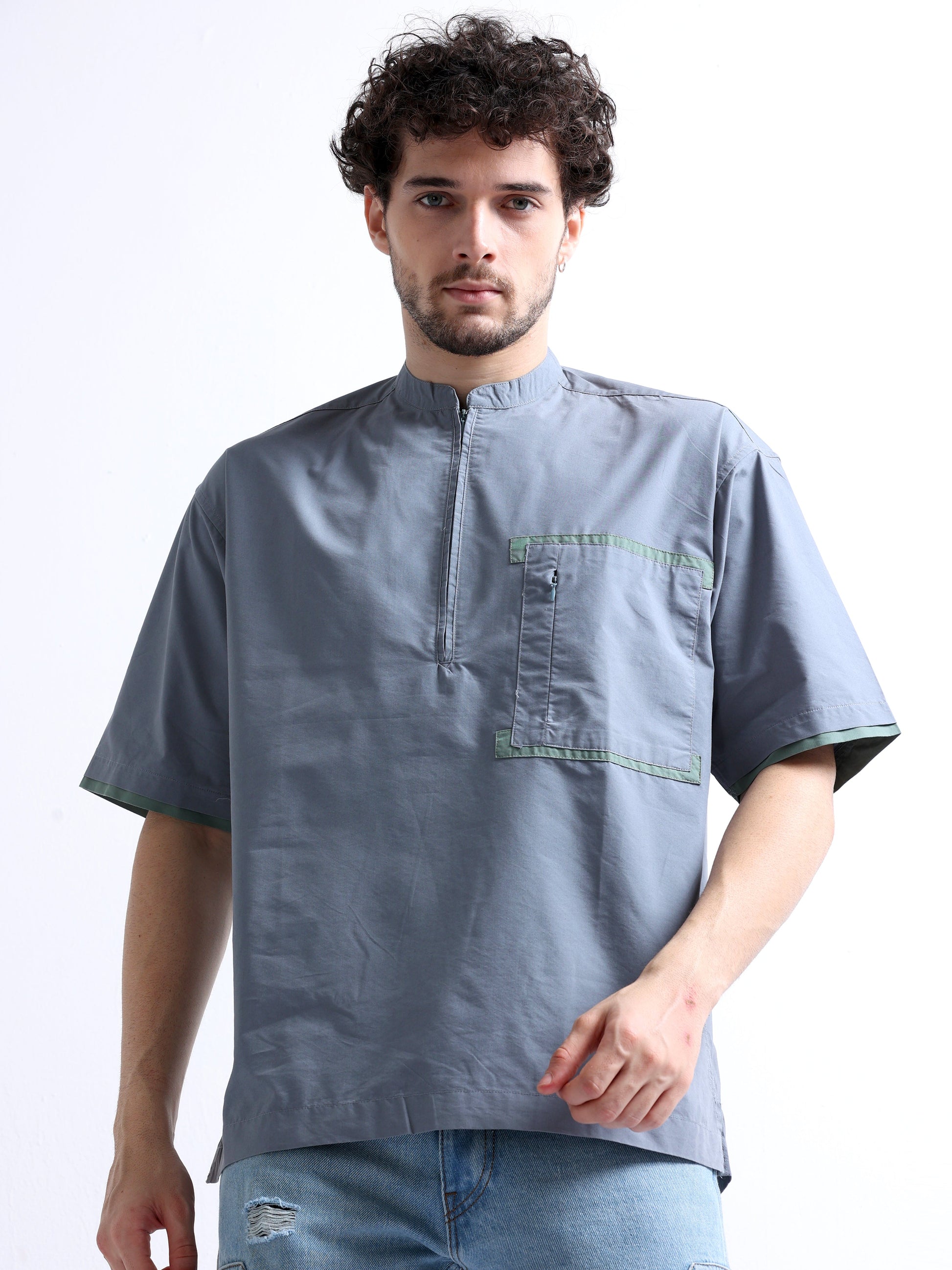 Mens Denim Denim Chinese Collar Shirts Men's Fashionable Chinese