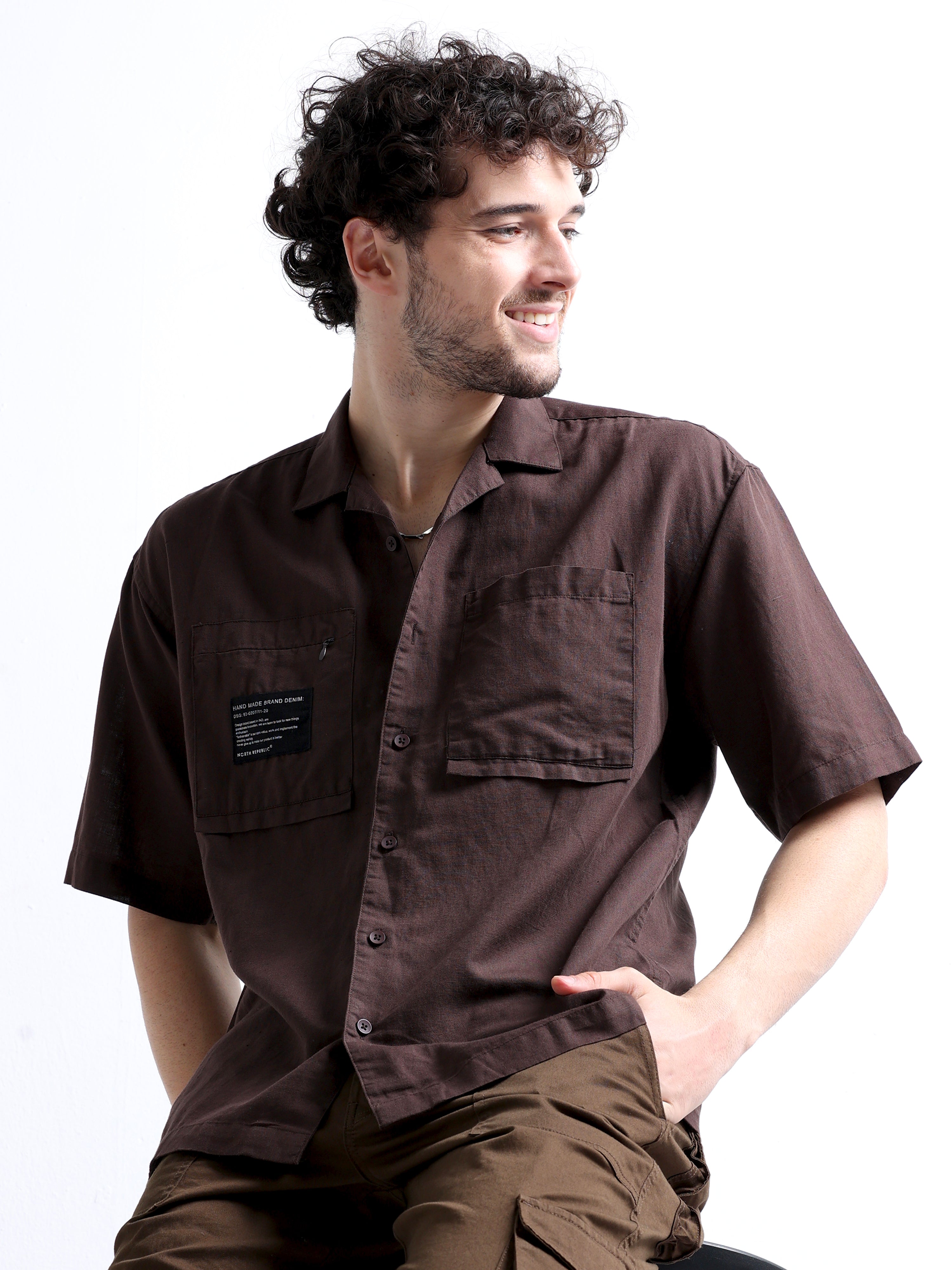 Buy Men's Fashionable Open Collar Double Pocket Shirt | Coffee