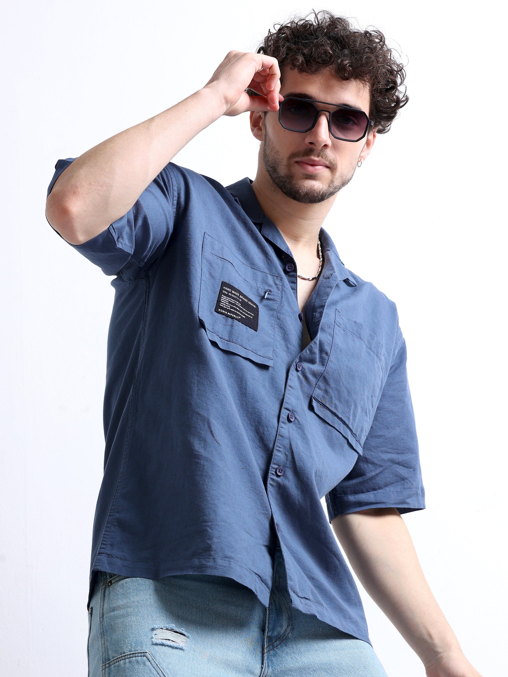 Buy Fashionable Open Collar Double Pocket Men's Wear Shirt Online