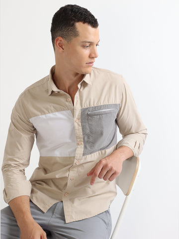 Beige Men's Finest Poplin Cut And Sew Casual Stylish Shirt