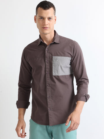 Dark Grey Men's Poplin Corduroy Pocket Stylish Plain Shirt