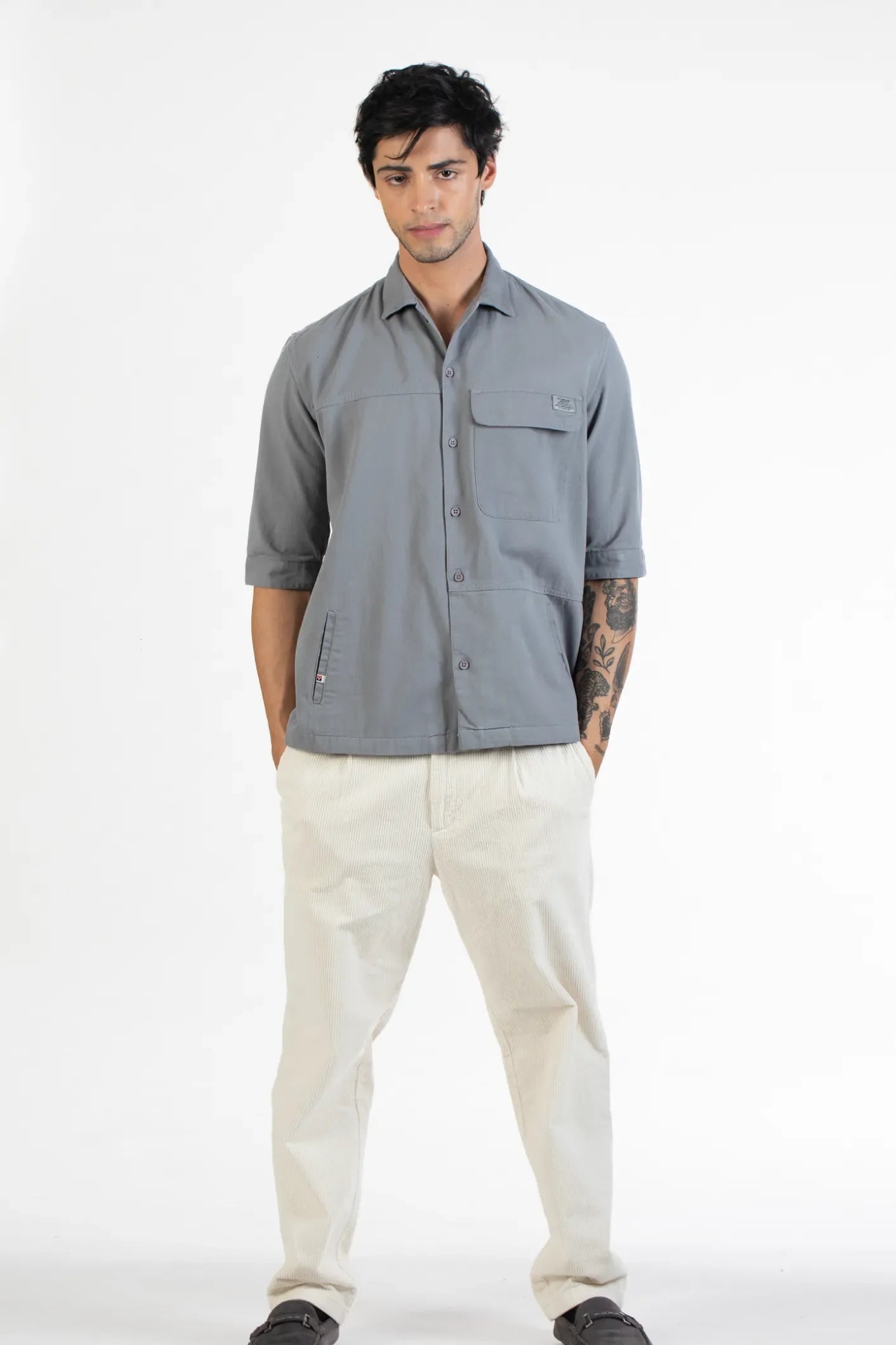 Grey Men's Five Sleeve Cavalry Twill Plain Shirt