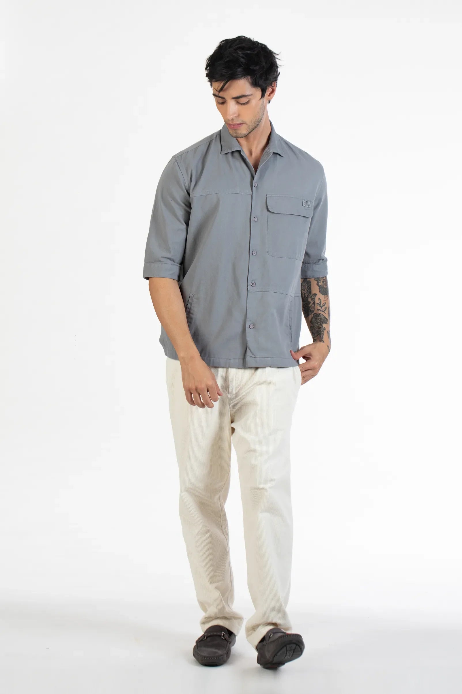 Grey Men's Five Sleeve Cavalry Twill Plain Shirt